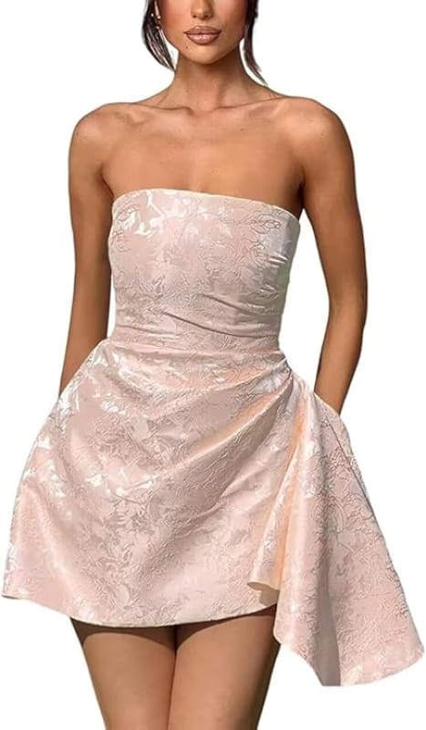 Sparkle Strapless Mini Party Dress Backless Satin Jacquard Homecoming Dress with Pocket