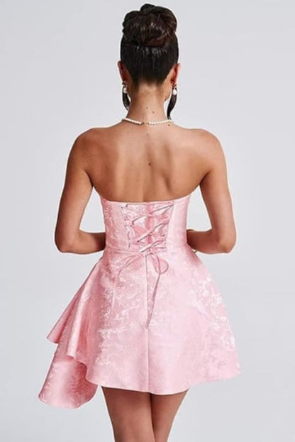 Sparkle Strapless Mini Party Dress Backless Satin Jacquard Homecoming Dress with Pocket