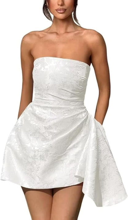 Sparkle Strapless Mini Party Dress Backless Satin Jacquard Homecoming Dress with Pocket