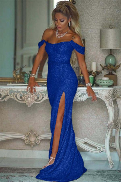 Sparkling Sequined Mermaid Prom Gown High Slit Blushing Pink Evening Dress