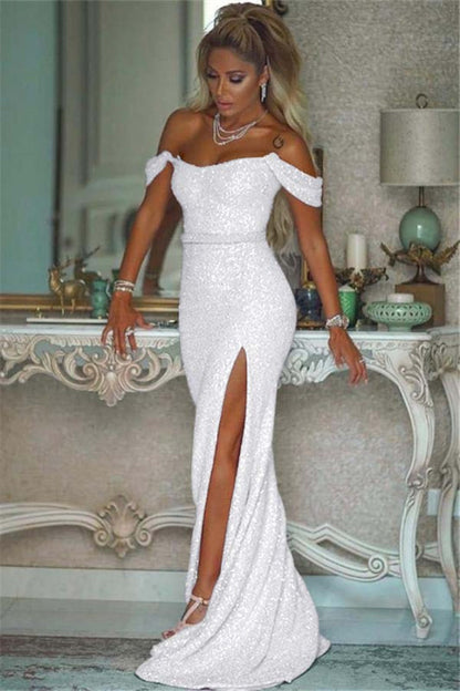 Sparkling Sequined Mermaid Prom Gown High Slit Blushing Pink Evening Dress