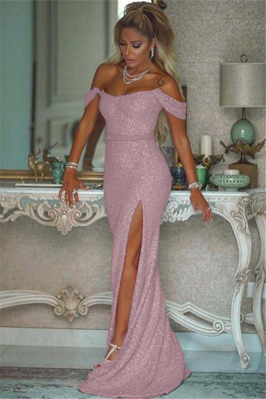 Sparkling Sequined Mermaid Prom Gown High Slit Blushing Pink Evening Dress