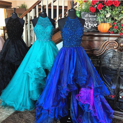 sparkly beading halter organza ruffles front short long back prom dresses