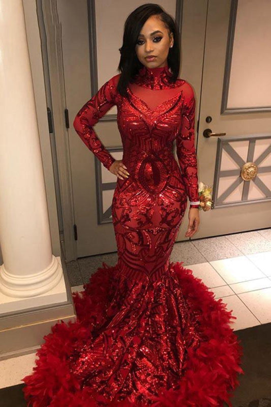 Sparkly Long Sleeve Sequin Mermaid Prom Dress Red Party Dress