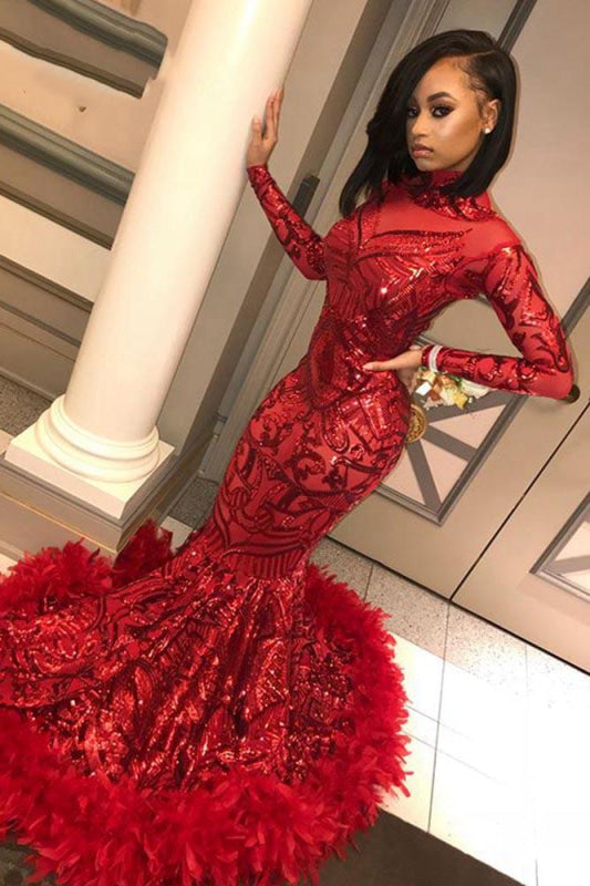 Sparkly Long Sleeve Sequin Mermaid Prom Dress Red Party Dress