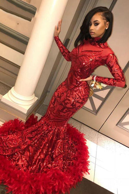 Sparkly Long Sleeve Sequin Mermaid Prom Dress Red Party Dress