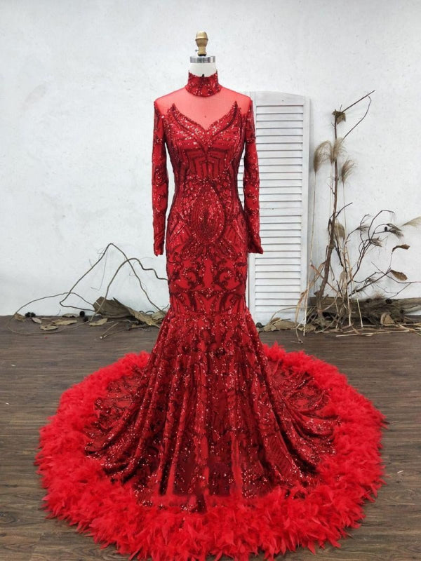 Sparkly Long Sleeve Sequin Mermaid Prom Dress Red Party Dress
