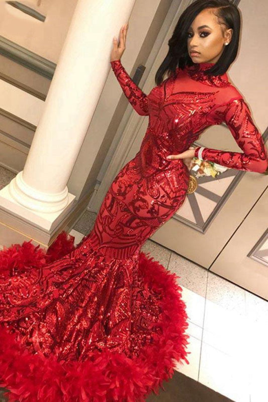 Sparkly Long Sleeve Sequin Mermaid Prom Dress Red Party Dress