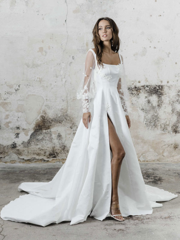 Square Neck A-Line Wedding Dress Long Sleeves with Split Front