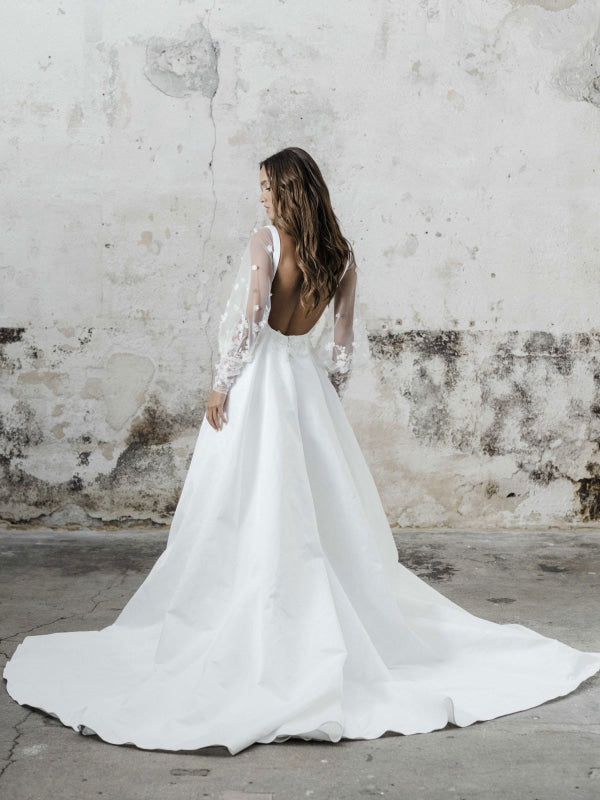 Square Neck A-Line Wedding Dress Long Sleeves with Split Front