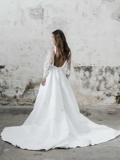 Square Neck A-Line Wedding Dress Long Sleeves with Split Front