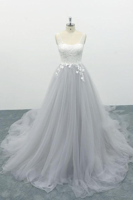 Square Neck Appliques Tulle A-line Wedding Dress