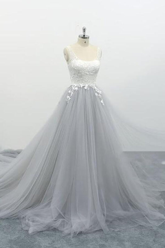 Square Neck Appliques Tulle A-line Wedding Dress