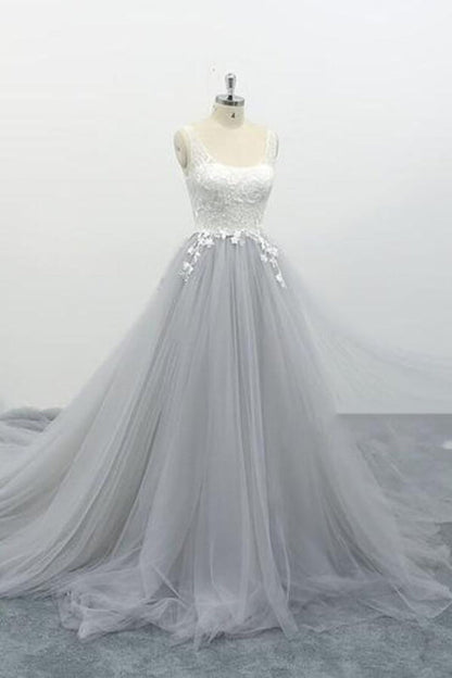Square Neck Appliques Tulle A-line Wedding Dress