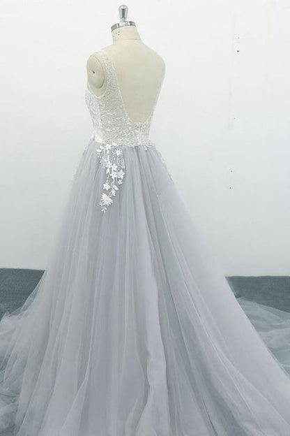 Square Neck Appliques Tulle A-line Wedding Dress