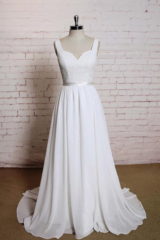 Square Neck Lace Chiffon A-line Wedding Dress