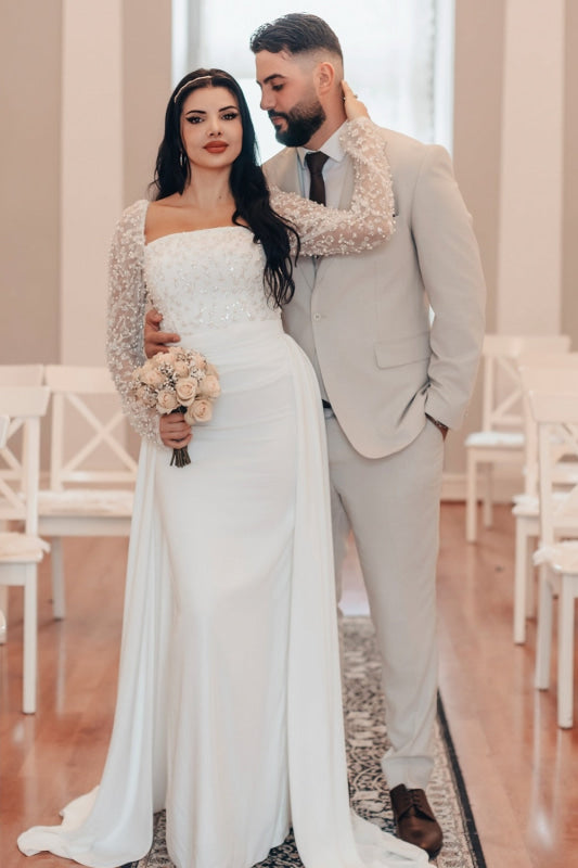 Square Neck Sequins Mermaid Wedding Dress Long Bridal Dress with Train