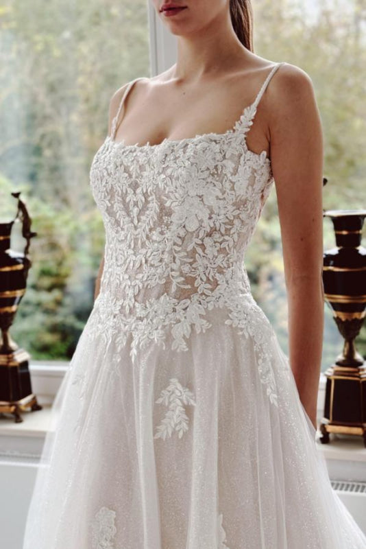 Square Neck Sleeveless A Line Wedding Dresses with Lace Appliques