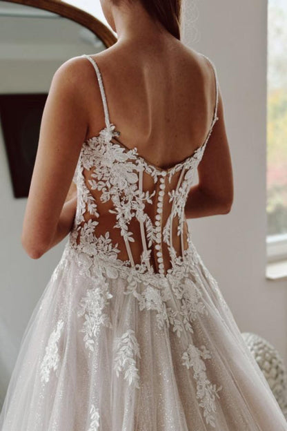 Square Neck Sleeveless A Line Wedding Dresses with Lace Appliques
