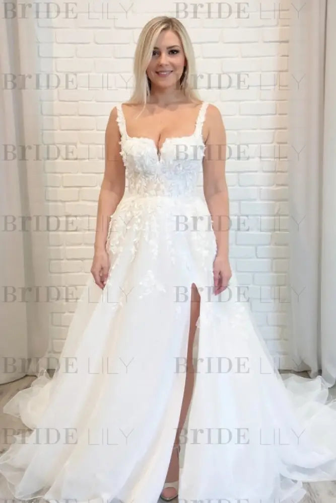 Square Neck Tulle Aline Wedding Dresses Front Split Sleeveless Bridal Dress