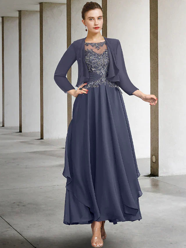 Two Piece A-Line Plus Size Curve Mother of the Bride Dress Elegant Jewel Neck Ankle Length Chiffon Lace Short Sleeve Wrap Included with Ruched Appliques
