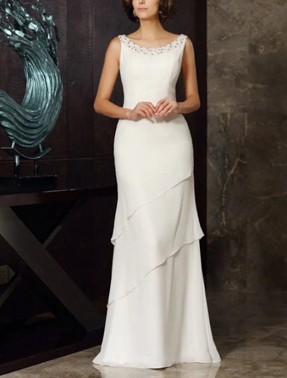 Two Piece Sheath / Column Mother of the Bride Dress Wedding Guest Elegant Plus Size Jewel Neck Floor Length Chiffon Long Sleeve Wrap Included Short Jacket Dresses with Beading Cascading Ruffles