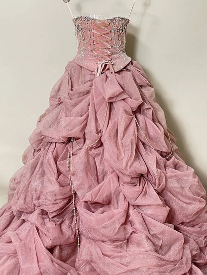 Girlhomeshops-Pink Gorgeous Beaded Sparkling Elegant Long Tulle Ball Gown gh5320