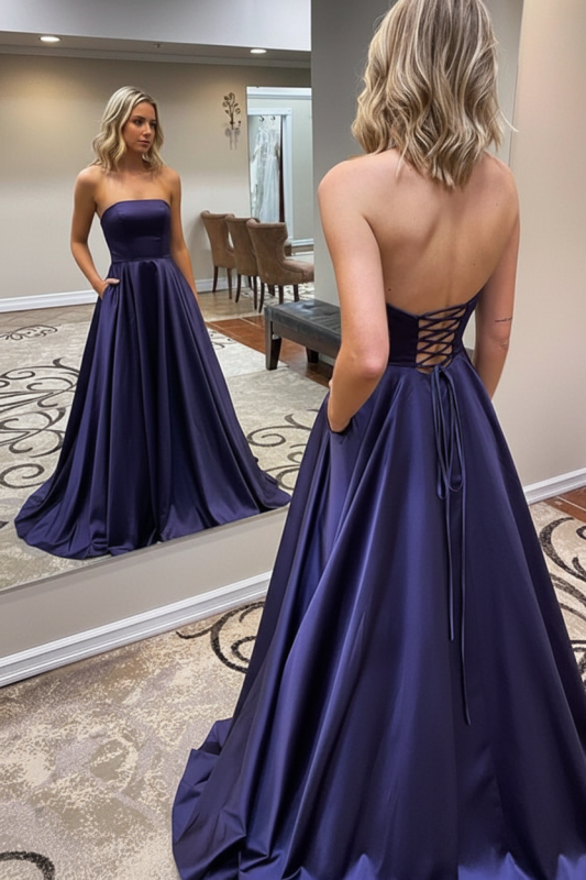 Strapless Backless Emerald Green Long Prom Dress with Pocket Satin Formal Dress