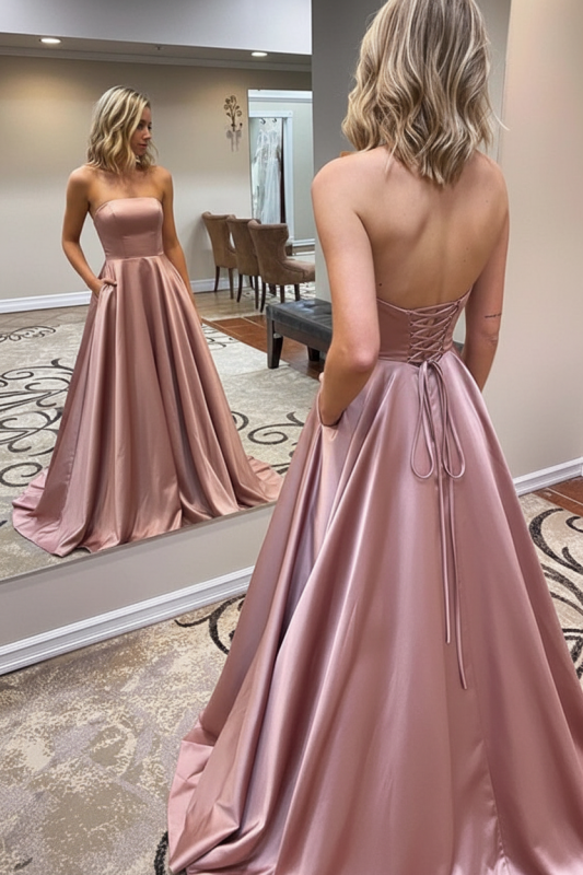 Strapless Backless Emerald Green Long Prom Dress with Pocket Satin Formal Dress