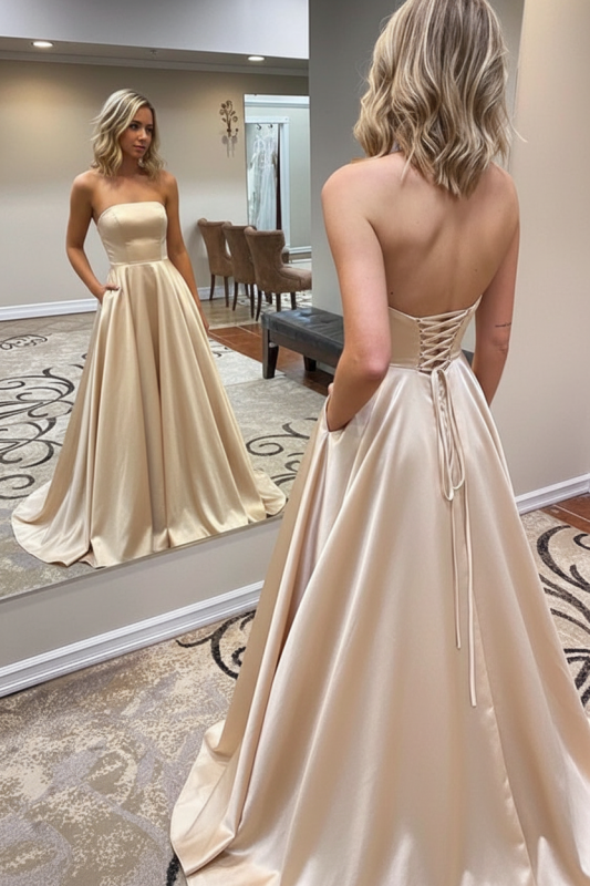 Strapless Backless Emerald Green Long Prom Dress with Pocket Satin Formal Dress