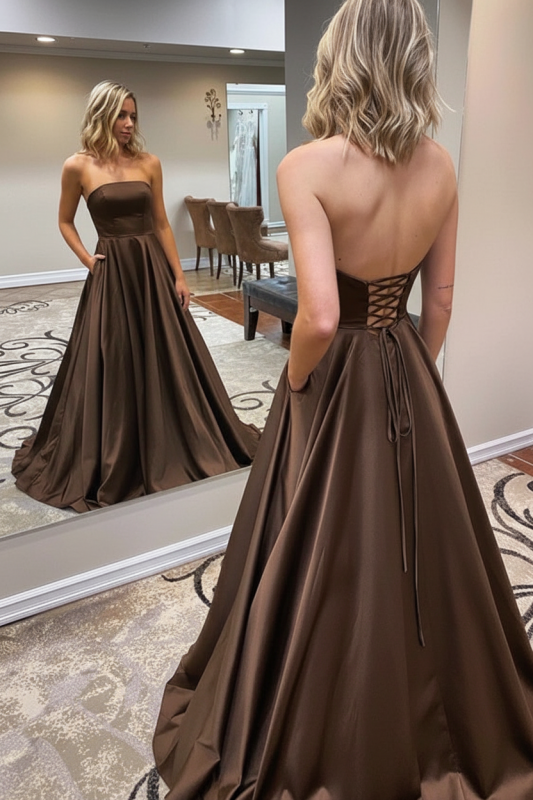 Strapless Backless Emerald Green Long Prom Dress with Pocket Satin Formal Dress