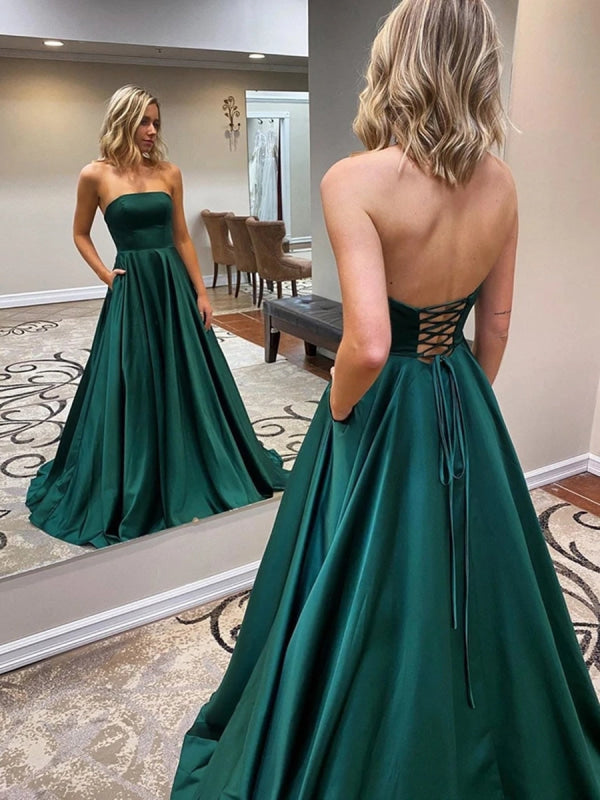 Strapless Backless Emerald Green Long Prom Dress with Pocket Satin Formal Dress