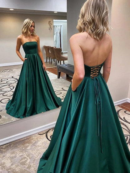 Strapless Backless Emerald Green Long Prom Dress with Pocket Satin Formal Dress