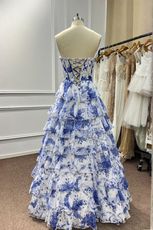 Strapless Corset Ruffles Floral Chiffon A-Line Long Prom Dresses with Front Split