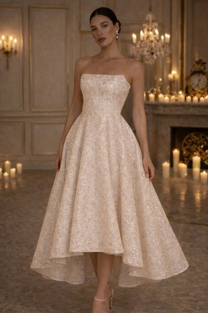 Strapless Satin High-Low Wedding Dress Backless Aline Bridal Dress with Sequins