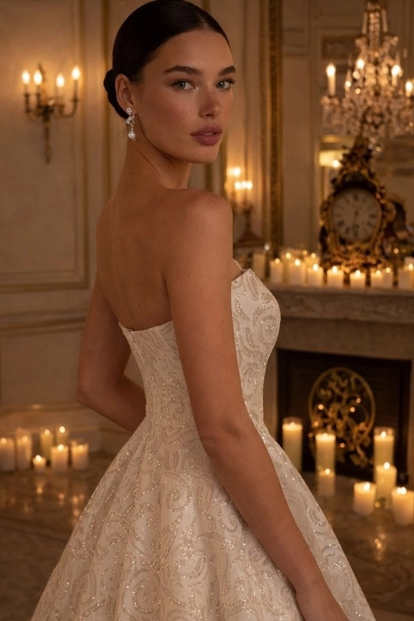 Strapless Satin High-Low Wedding Dress Backless Aline Bridal Dress with Sequins