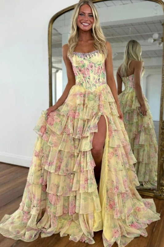 Strapless Floral Tulle Aline Evening Dress Front Split Corset Prom Dress