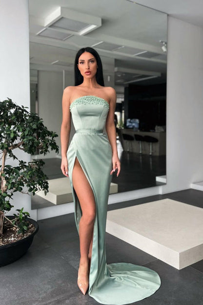 Sage Green Strapless Beadings Mermaid Prom Dress with Slit