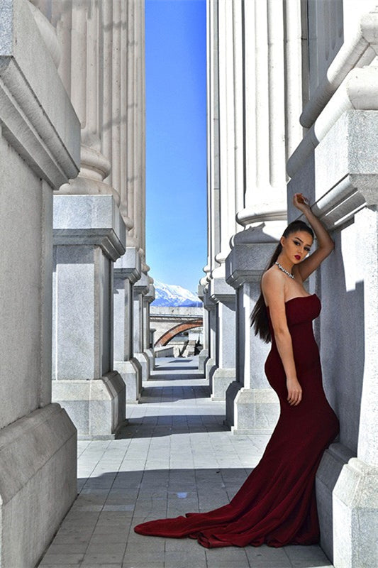 Strapless Mermaid Evening Prom Dress Burgundy Sweetheart Long Dress