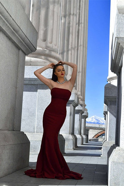 Strapless Mermaid Evening Prom Dress Burgundy Sweetheart Long Dress