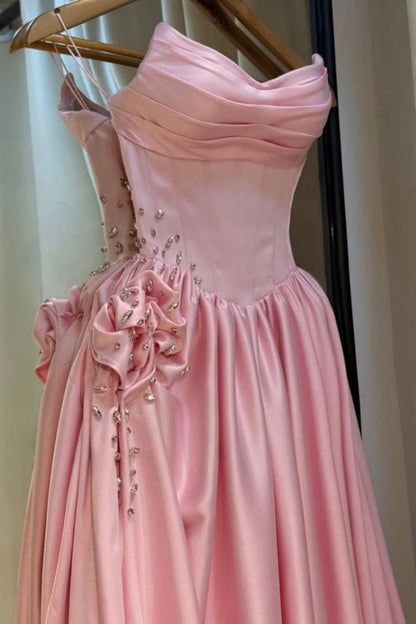Strapless Pink Evening Dress Long with Front Split Flowers Satin Prom Dress