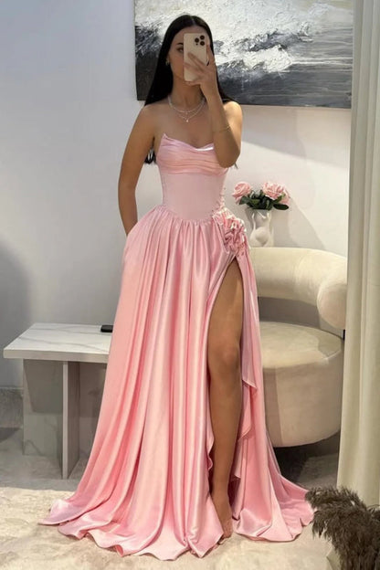 Strapless Pink Evening Dress Long with Front Split Flowers Satin Prom Dress