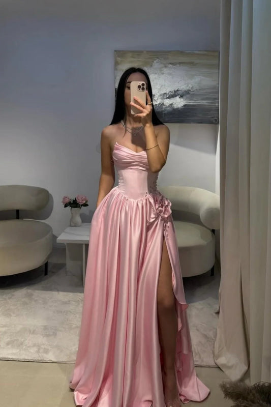 Strapless Pink Evening Dress Long with Front Split Flowers Satin Prom Dress
