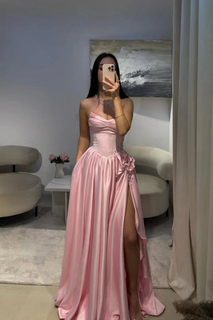 Strapless Pink Evening Dress Long with Front Split Flowers Satin Prom Dress
