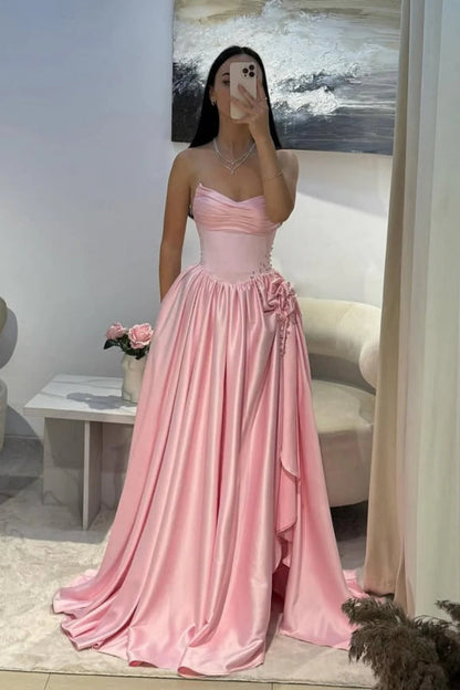Strapless Pink Evening Dress Long with Front Split Flowers Satin Prom Dress