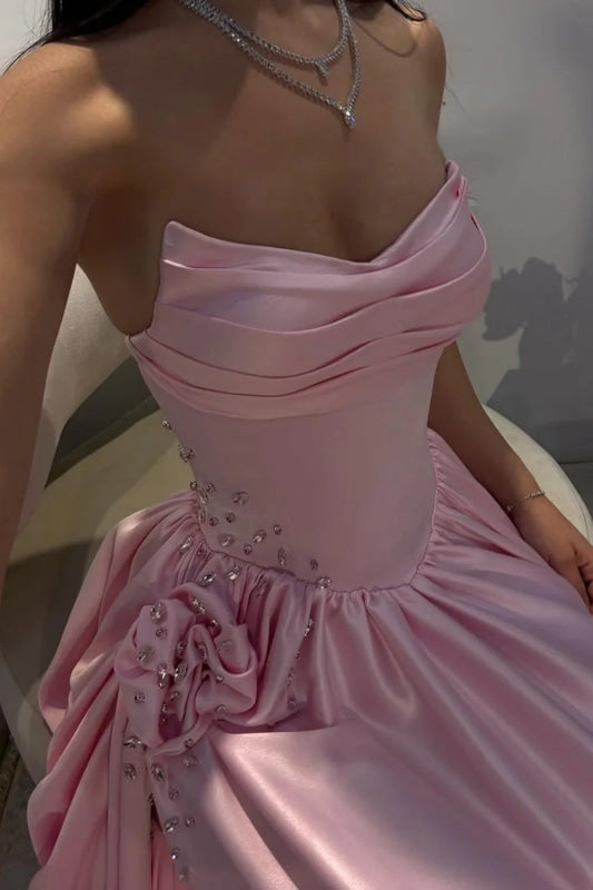 Strapless Pink Evening Dress Long with Front Split Flowers Satin Prom Dress