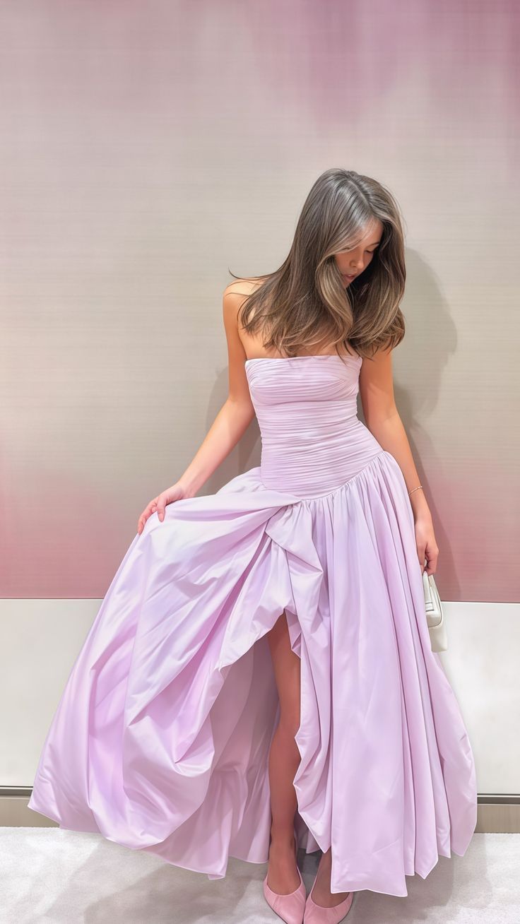 Strapless Pink Split Prom Dresses Corset A-Line Party Formal Dress