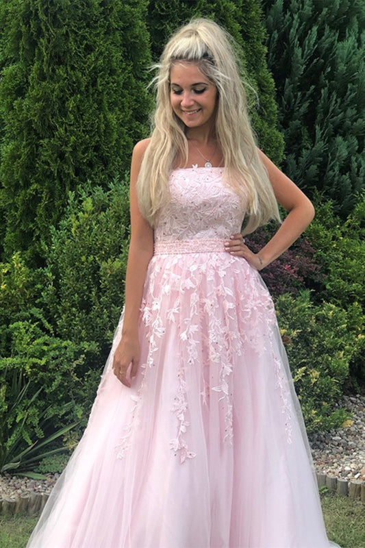 Strapless Pink Tulle Lace Long Prom Dresses Sleeveless Aline Formal Graduation Evening Dresses