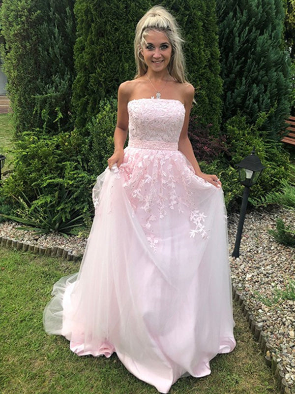 Strapless Pink Tulle Lace Long Prom Dresses Sleeveless Aline Formal Graduation Evening Dresses