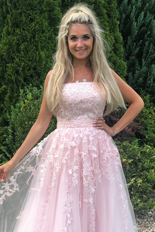 Strapless Pink Tulle Lace Long Prom Dresses Sleeveless Aline Formal Graduation Evening Dresses